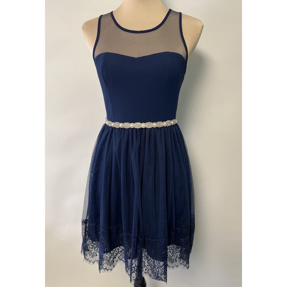 Retro Fit & Flare Sheer Mini Dress Navy Mesh Lace‎ Trim Medium Cocktail Glam